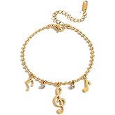 Musical Notes Charm Bracelet for Women 14k Gold-Tone Plated Elegant Adjustable Stainless Steel Bead Chain Treble Clef Tassel Pendant Fashion Dainty Music Themed Party Graduation Jewelry for Daughter Sister