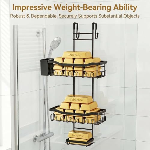 Gabeeriso 3-Tier Over-the-Door Hanging Shower Caddy Bathroom Organizer | Rustproof Black Shower Shelf with 28 Multi-Purpose Hooks for Towels, Soap & Bath Supplies, Ideal for Shower & Bathrooms