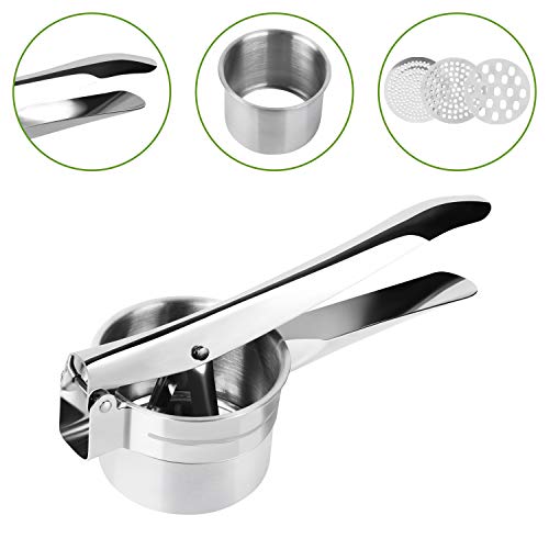 FREDI Potato Ricer/Vegetables and Fruit Masher Food Ricer Makes Light and Fluffy Mashed Potato Perfection with 3 Interchangeable Ricing Discs Easy to Clean, 100% Stainless Steel(Silver)