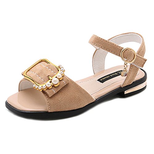 Toddler Kids Girls Open Toe Sandals Soft Suede Leather Pearl Buckle Non-Slip Princess Sandal Shoes