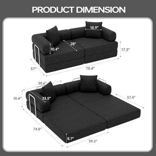 DURASPACE 78" Convertible Sofa Bed, Folding Sleeper Sofa Memory Foam Boneless Loveseat, Modular Sectional Sofa Couch for Living Room(Black)