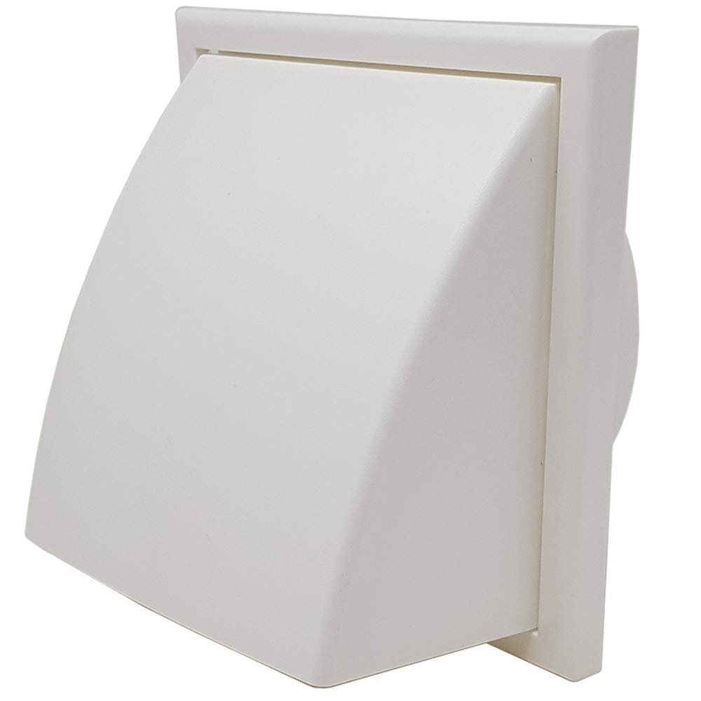 Kair White Cowled Outlet Grille 183mm External Dimension Wall Vent with 150mm - 6 inch Round Rear Spigot and Wind Baffle Backdraught Shutter