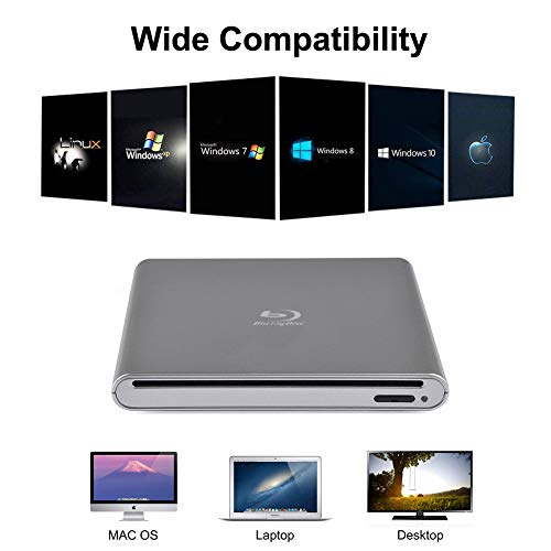 External Blu Ray Drive Portable Blu-Ray Player USB 2.0 Slot in BD CD DVD Burner with Eject Button Write Read CD DVD BD for Notebook Pro Air iMac Laptop (Sliver)