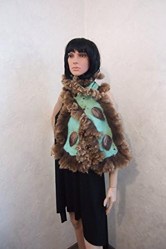 Felted wool scarf-Nuno felted scarf-Real fur scarf-brown-green-Ready to ship