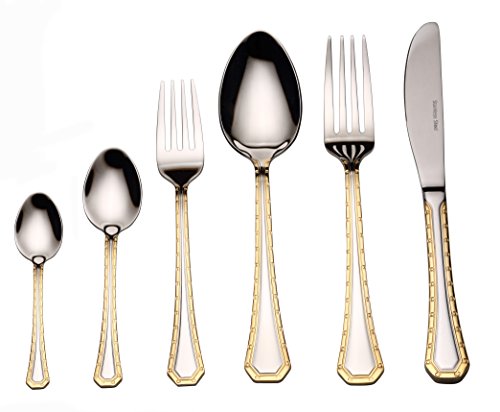 75-Piece Luxury Flatware Set Silverware Dining Service for 12, 24K Gold-Plated Premium 18/10 Stainless Steel, Flatware Storage Box Chest Case for Spoons Forks Knives w/Hostess Serving Set (Prestige)