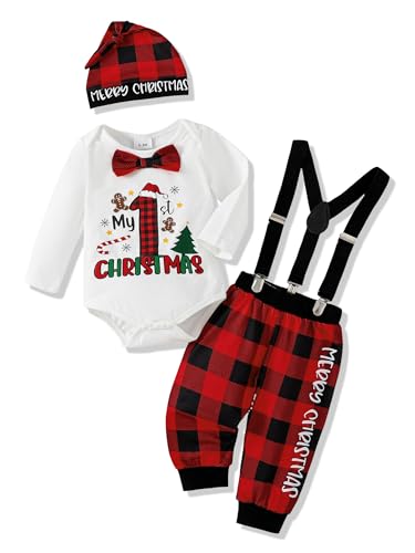 AMAWMW Infant Baby Boy Christmas Outfit My First Christmas Romper Red Plaid Pants Hat 3Pcs Clothes Sets, Red, 6-9Months at Amazon