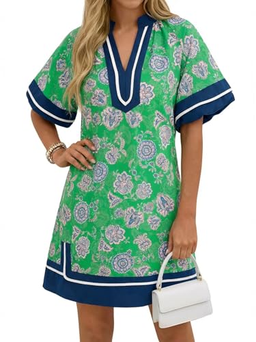 Wenrine Womens Summer Puff Sleeve Casual V Neck Mini Boho Floral Dresses at Amazon