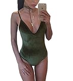 OQC Women's Plunge V Neck Backless Strap Tight Velvet Bodysuit Jumpsuit Leotard, Army Green, Small