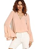 SheIn Women's Crisscross V Neck Bell Sleeve Split Back Blouse