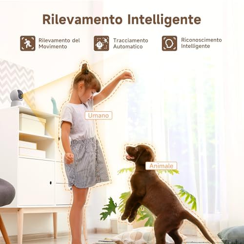 Telecamera Wi-Fi Interno 2K 3MP, PTZ 355° Telecamera Sorveglianza Interno, Telecamera Cani con Visione Notturna, Rilevamento di Umano/Movimento, Audio Bidirezionale, Compatibile con Alexa