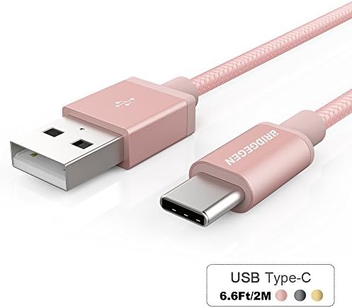 USB C Cable, BRIDGEGEN 6.6Ft/2M Nylon Braided Charge Cable with Premium Aluminum Housing for Galaxy S8 Plus, Moto Z, LG G5 G6, Google Pixel XL, Macbook 12 inch, and Other Type C Devices, Rose Gold