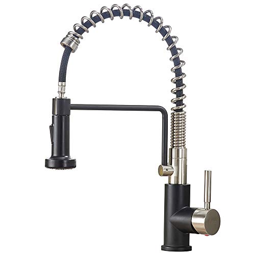 Friho Lead-Free Commercial Brushed Nickel & Matte Black Stainless Steel Single Handle Single Lever Pull Out Spring Bar Sink Kitchen Faucet, Kitchen Sink Faucets with Pull Down Sprayer - Thumbnail 7