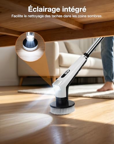 Electric Cleaning Brush with 9 Heads, 3 Adjustable Speed, Extendable Handle, with LED Light, IPX8 Waterproof, Rotating Brush for Bathroom, Kitchen, Floors and Car