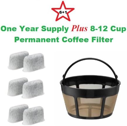 8-12 Cup Basket Shape Permanent Coffee Filter & a set of 6 Charcoal Water Filters for Cuisinart DCC-RWF1 Coffeemakers