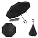 Strawberry Double Layer Wind/UV Proof Reverse Folding Inverted Travel Umbrella with C Shape Handle and Carrying Bag, Black