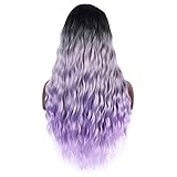26 inches (66cm) Long Light Purple 3 Tones Ombre Hair Wig For Women, Dark Roots Natural Wavy Purple Wig With Parting Long Colorful Curly Wigs