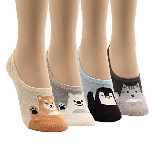 WOWFOOT Women Animal Design No-Show Casual Liner Socks Character Print Non Slip Flat Boat Line 4 Pair (4pairs-hey friends) - Thumbnail 4
