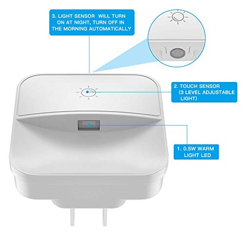 Plug-in Night Light, POWRUI Warm White LED Nightlight Lamp with Touch Sensor with 4-Level Adjustable Light and Dusk-to-Dawn Sensor for Hallway, Kitchen, Bathroom, Bedroom, Stairs, 6-Pack - Thumbnail 5