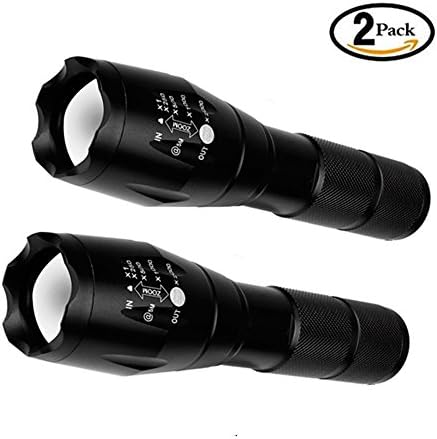 2Pcs Tactical Flashlight, Water Resistant Military Grade Tac Light with 5 Modes and Zoom Function XML-T6 1000 Lumens Ultra Bright, Biking, Camping