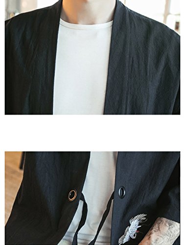 YOUMU Men Japanese Kimono Cardigan Cranes Embroidery Jacket Vintage Loose Japanese Yukata Coat Top Plus Size - Thumbnail 3