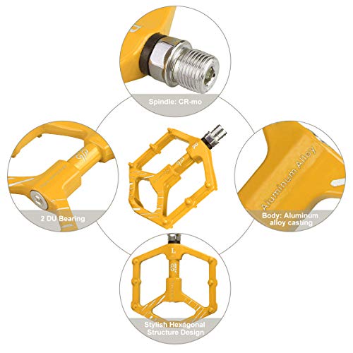 LYCAON Bicycle Pedals Aluminum Alloy Casting Body 2DU Bearing Lightweight Road Mountain Bike Pedals for MTB BMX (Yellow)