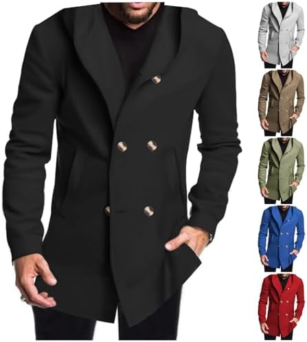 Thatrich Men's Hooded Peacoat Mid Length Trench Coat Oversized
