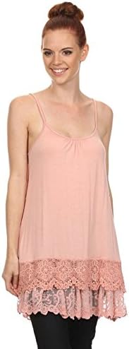 Solid Lovely Crochet Lace Layered Trim Crop Top Extender Cami Tank Top (L, Blush)