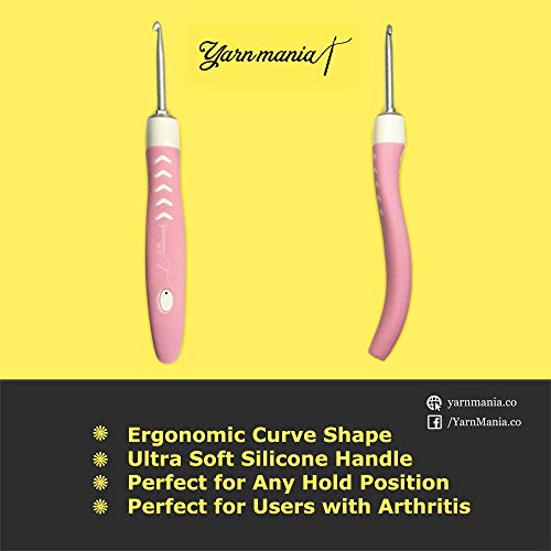 [2nd Gen] Yarn Mania Aiyana Crochet Hooks | Light Up Crochet Hooks with 9 Sizes Interchangeable Aluminum Heads | Ergonomic Curve Shape, Soft Handle and Two Brightness Settings (Light Pink) - Thumbnail 6