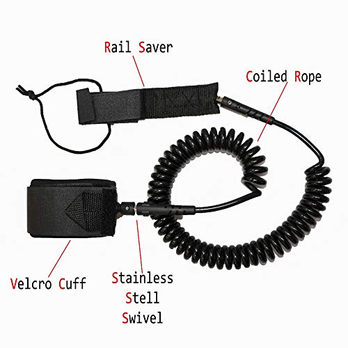 SUP Surfboard Leash,String Ankle 7mm-10ft for Long Surfing Board,Calf Paddle Board,10â€™ Coiled Leg Rope,Black