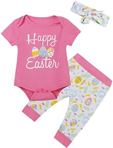 Okbebe Happy Easter Baby Girls' Eggs Printed Outfit Set Romper Cute Pants With Headband (Pink, 6-12 Months)