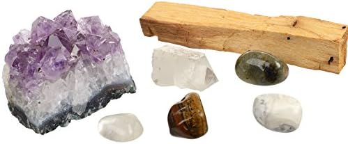 BE HERE NOW Crystal Kit For Mindfulness / 6 Pieces Including Amethyst Cluster, Raw &amp; Tumbled Stones, Instructions, Palo Santos, For Healing, Reiki, Meditation