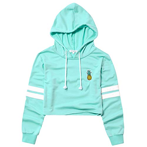 Perfashion Women's Cropped Hoodie Mint Leather Contrast Stripes Long Sleeve Loose Fit Crop Tops Pullover Sweatshirt