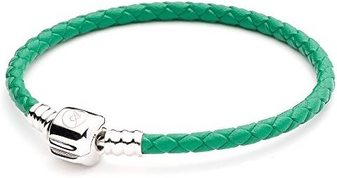 ATHENAIE Green Single Braided Leather 925 Sterling Silver Charm Bracelet (20CM=7.87inch)