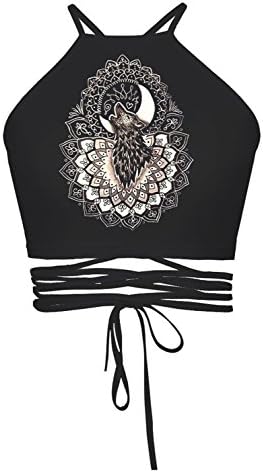 Women's Teens Girls Juniors Halter Sexy Vest Crop Top Shirt(Black Wolf)