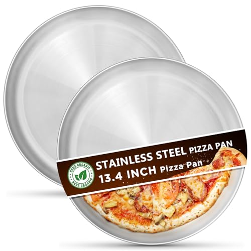 Kevenal Stainless Steel Pizza Pans 13.4 inch, Pizza-Pan for Oven, Steel Pizza Tray, Round Pizza Plate Set of 2 (Extra Thick)