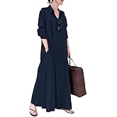 chouyatou Women's Basic Loose Fit Long Sleeve Button Up Maxi Shirt Dress with Pockets
