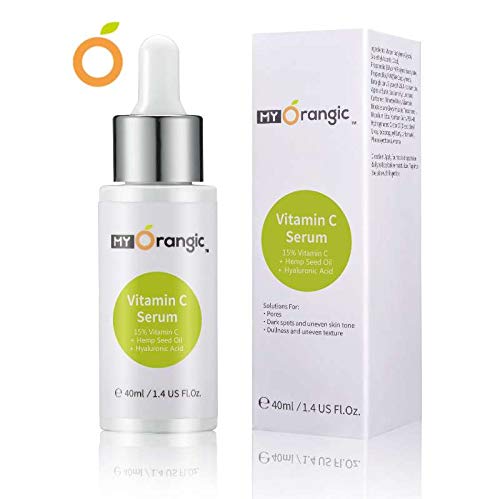 Siero Viso con 15% Vitamina C, Olio di Semi di Canapa e Acido Ialuronico Puro, Illuminante e Anti età Siero, Natural & Organiche Antirughe Viso Siero per Uomo e Donna (40ml)