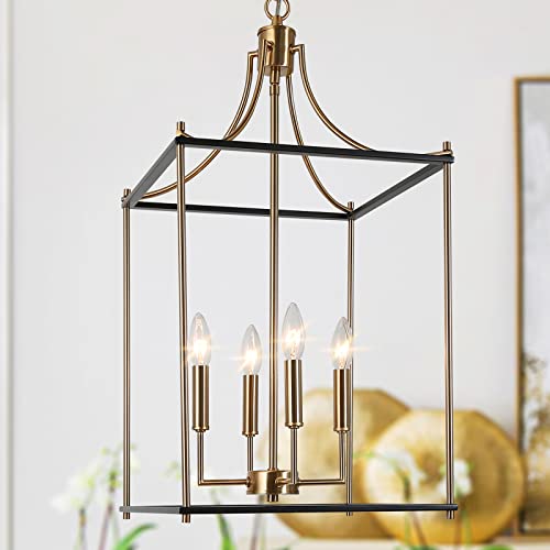 Durent Lighting Modern Chandelier Light Fixture, 4-Light Black and Gold Lantern…