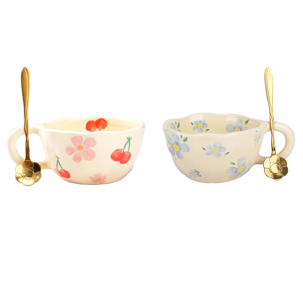 XinHuiGY Cute Coffee Mug, Ceramic Tea Mugs, Kawaii Coffee Cup, Handmade Creative Flower Mug with Spoon, Aesthetic Mug for Milk Cocoa, 250ml, Mother Day Gift for Mom Women Christmas (Pink&Blue)