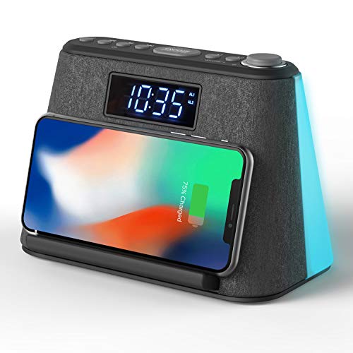 Alarm Clock Bedside Non Ticking LCD Alarm Clock with USB Charger & Wireless QI Charging, Bluetooth Speaker, FM Radio, RGB Mood LED Night Light Lamp, Dimmable Display and White Noise Machine - Thumbnail 7