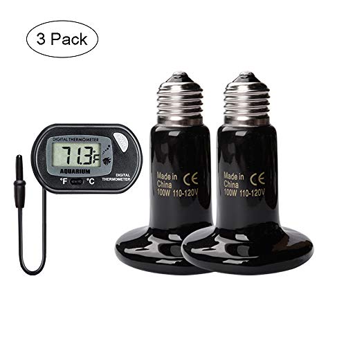HONG111 100W Ceramic Heat Lamp 2 Pack with 1-pcs Digital Aquarium Thermometer, Infrared Reptile Heat Emitter Heater Bulb for Pet Brooder Coop Chicken Lizard Turtle Snake Aquarium ect