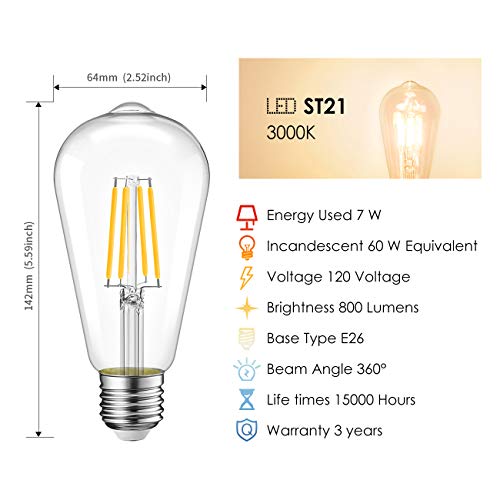 LVWIT Edison Light Bulbs LED, Dimmable 7W (60W Equivalent), ST64 Vintage Filament Light Bulb, 800 Lumens 3000K Soft White, E26 Medium Screw Base, UL-Listed, 6 Pack