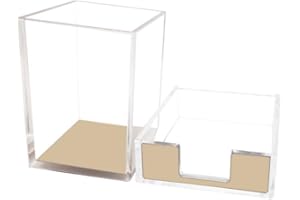 MEI YI TIAN Gold Memo Pad Holder Pencil Cup Set Self-Stick Notes Cube Tray Glitter Desktop Accessories Dispenser for Office Home School Stationery Makeup Brush Organizers (Gold & Clear)