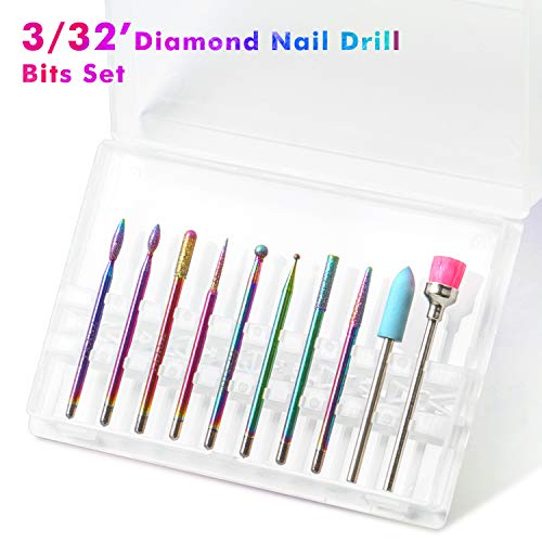 Nail Drill Bits Set - Ejiubas 10PCS Diamond Drill Bits Acrylic Nail File Bits Cuticle Drill Bit 3/32 Inch Efile Nail Bit Fine Grit for Manicure Pedicure Home Salon Use