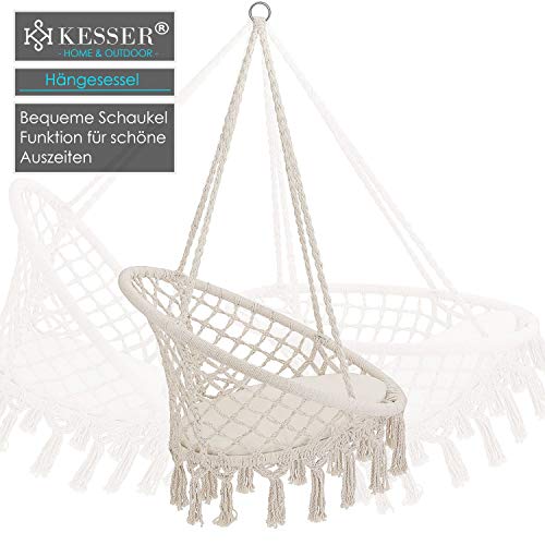 KESSER® Hängesessel 150kg mit 2 Stahlringe Sitzpolster geflochten Fransen Hängestuhl Hängekorb Schaukelkorb Garten Indoor wetterfest, wasserabweisend, Beige – Bild 4