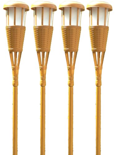 Newhouse Lighting Solar Flickering LED Tiki Torches, Bamboo Finish, 4-Pack