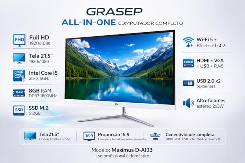 Computador All In One 21,5" Full HD Intel Core i5 2520m 8GB RAM SSD 512GB Wi-Fi Bluetooth PC Desktop para Trabalho Home Office Estudos
