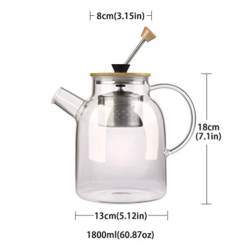 IDEALUX Glass Tea Kettle 64OZ, Large Tea Maker with SUS304 Tea Infuser & Bamboo Lid, Stovetop