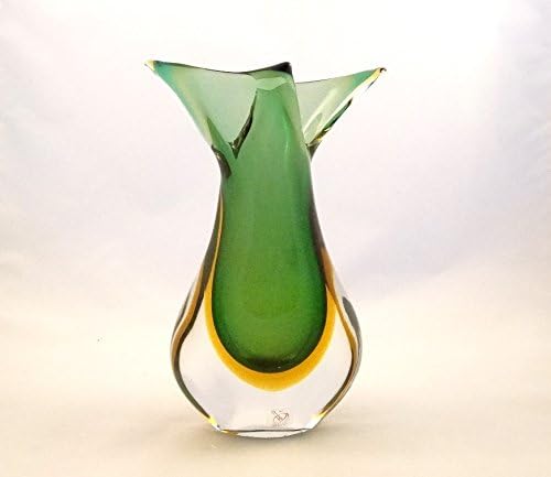 Made in Italy Genuine Murano Glass Green Emerald and Amber Sommerso Fifi Vase