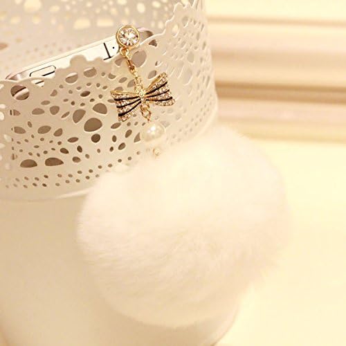 CJB Dust Plug / Earphone Jack Accessory White Elegant Bow Rhinestone Pompom for iPhone 4 4s S4 5 6 All Device with 3.5mm Jack (US Seller)